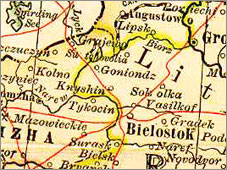 Mapa Polski z 1902 r. pokazujca Knyszyn.